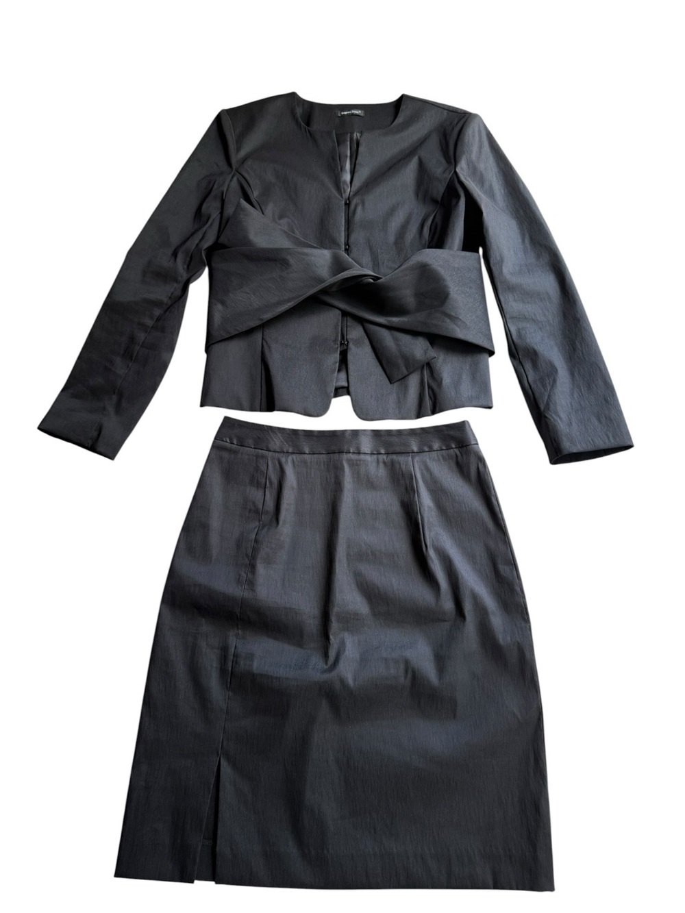 Samuel Dong 2pc Skirt Suit Blazer Black Size Small Tie Belt Formal Business